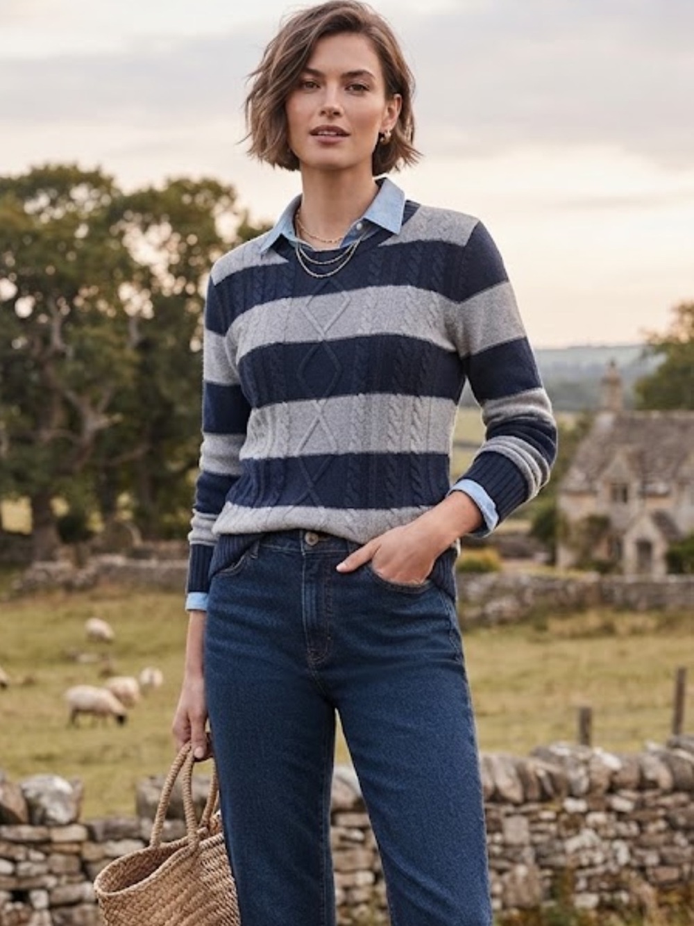Ralph Lauren Chaps blue gray striped cotton sweater